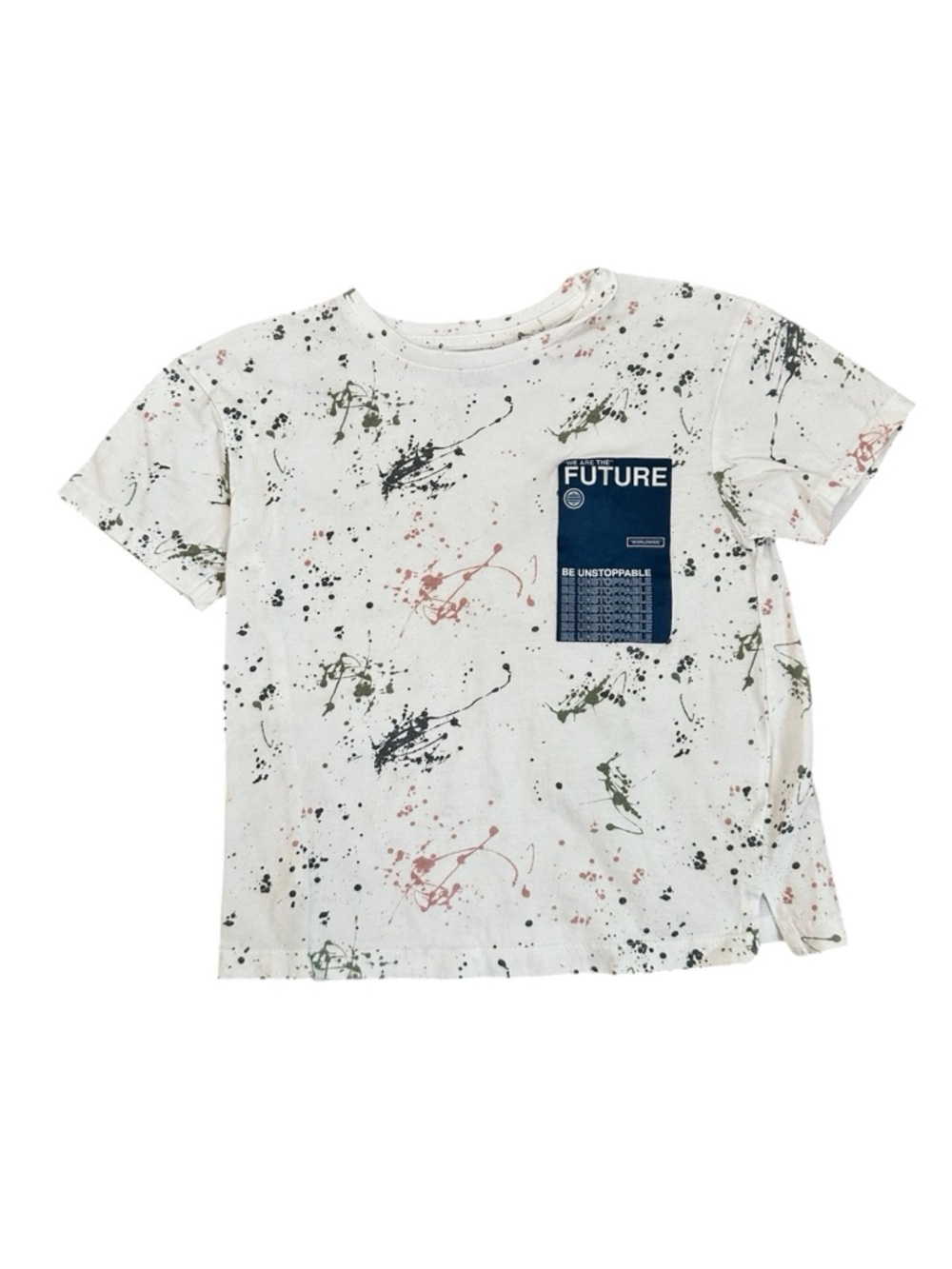 Primark White Short Sleeve Tee with Navy 'FUTURE' Patch and Paint Splatter - Picture 1 of 5